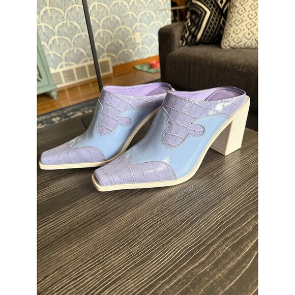 Jeffrey Campbell Shoes - Jeffrey Campbell Lavender and Light Blue Croc-Accent Block Heel Mules